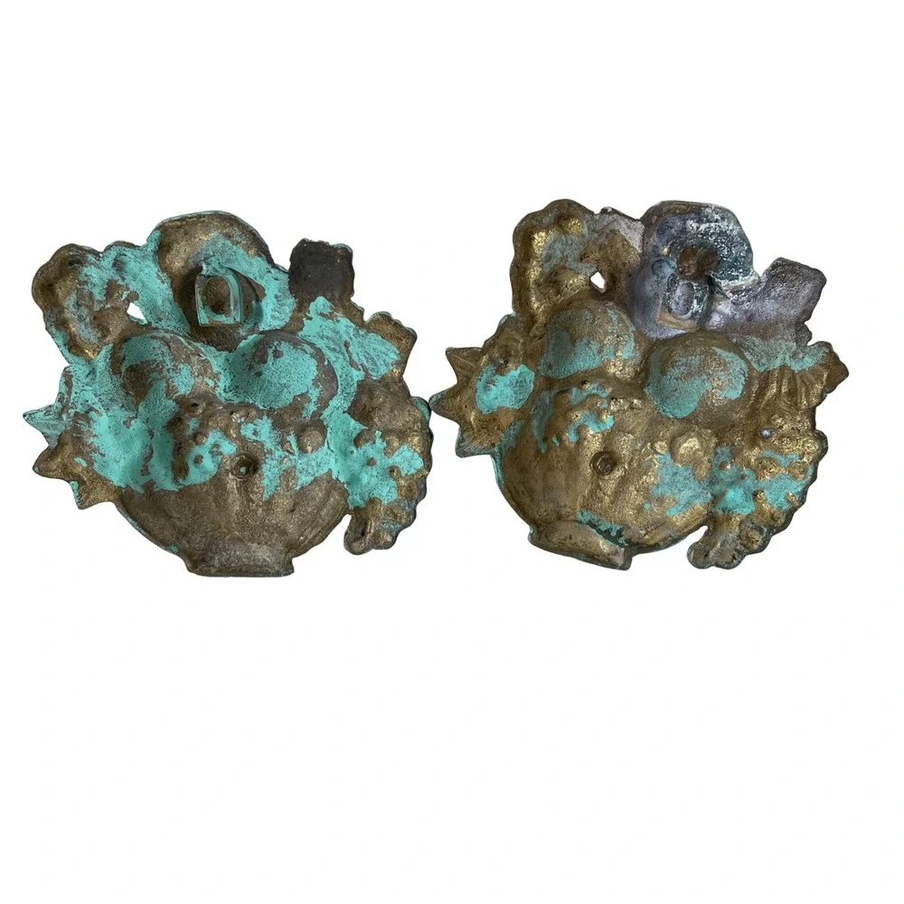 Vintage Brass Fruit‎ Basket Wall Sconces Pair Verdigris Patina Grapes Floral